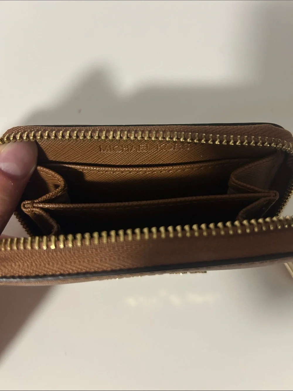 Michael Kors Brown Saffiano Zip Card Holder with Gold Hardware